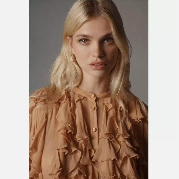 Brand New by Anthropologie Sheer Ruffle Buttondown Blouse - Picture 1 of 13